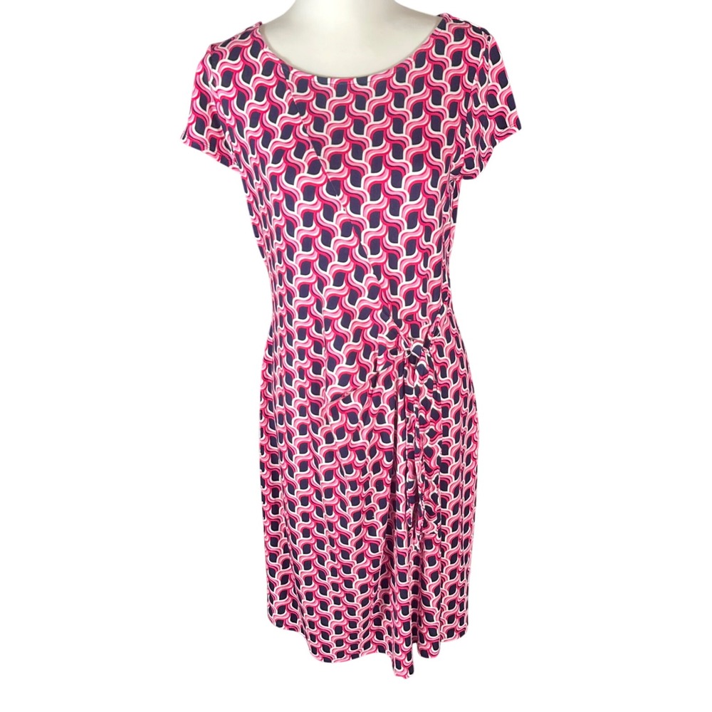 Talbots Sheath Dress Womens M Pink Geometric Link Print Side Tie Short Sleeve